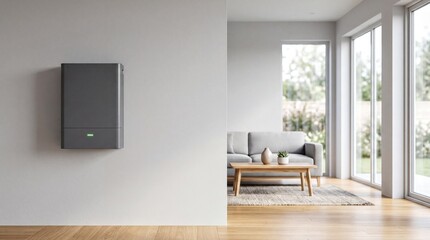 Fototapeta premium Modern Home Solar Battery Storage Unit on Wall in Bright Minimalist Living Room