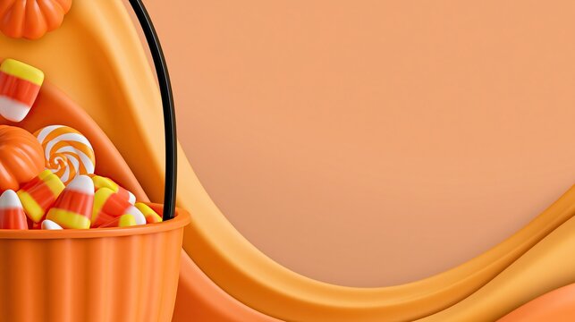Orange bucket filled with traditional candycorn pumpkins and lollipop on warm orange background with large empty space for halloween celebration greeting design