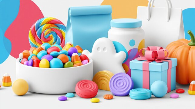 Assorted colorful 3d halloween treats with candies ghost pumpkin and wrapped gift box on light background for festive holiday celebration design