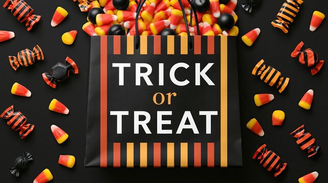 Black trick or treat shopping bag with printed text surrounded by candycorn and wrapped candies on black background for halloween holiday design