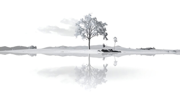 Solitary tree on a small island reflected in still water, monochrome landscape, subtle clouds in sky
