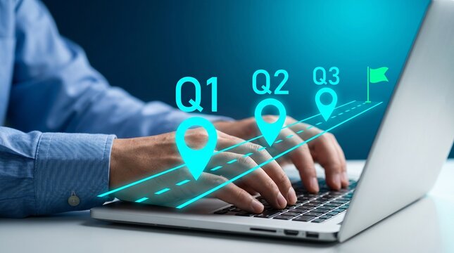 Businessman typing on laptop with q1 q2 q3 roadmap and location pins on screen for planning and strategy