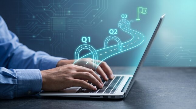 Person typing on laptop with glowing roadmap on screen for business strategy and planning