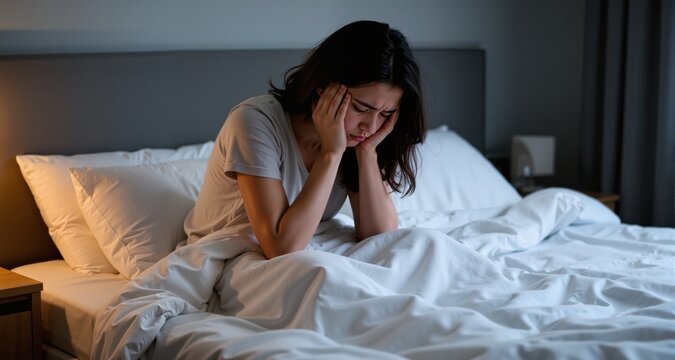 Depressed woman sitting in bed sad and tired after waking up
