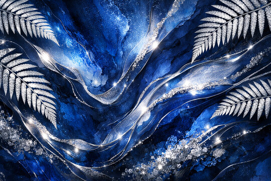 Glittering silver fern leaves on a dark blue swirling fluid abstract background with sparkles abstract sparkles background metallic