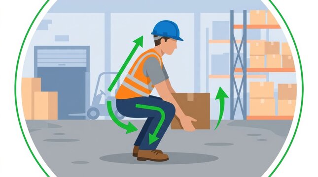 Worker demonstrates correct lifting method in a construction site warehouse. Focus on safety and proper form while handling boxes.