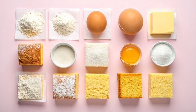 Overhead flat lay of deconstructed cake ingredients including flour, eggs, sugar, and butter, ready for baking delicious desserts.