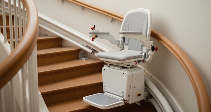 Curved staircase stair lift rental setup showing the fitting process in clear detail focusing on the lift chair and rail background softly blurred.
