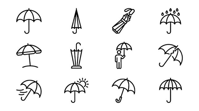 Set of outline umbrella icons in simple linear vector style