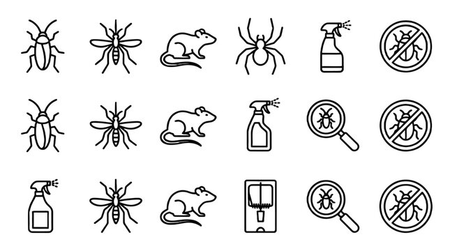 Outline pest control icon set with insects, rodent and spray