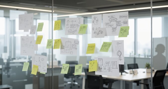 Sticky notes and sketches are attached to a glass wall, representing project management and brainstorming in a modern office
