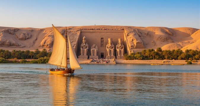 Beautiful Nile scenery with sailboat in the Nile on the way to The Front of the Abu Simbel Temple - Egypt, Africa
