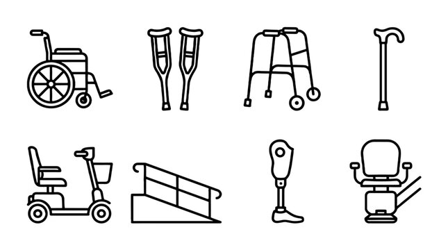 Mobility aid outline icon set with wheelchair crutches and cane