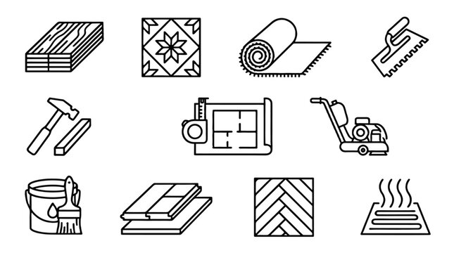 Set of outline icons for flooring materials and installation tools