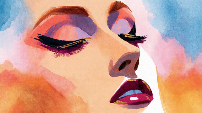 Close-up portrait of woman with dramatic makeup in watercolor style