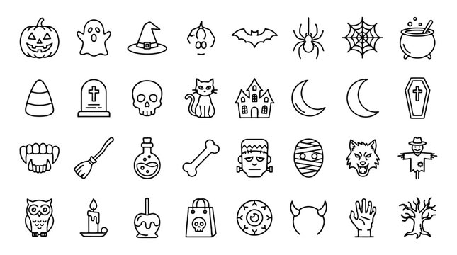 Set of Halloween outline icons with spooky symbols collection