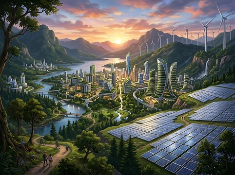 Futuristic eco city powered by giant solar fields and sleek wind turbines surrounded by nature, cinematic illustration
