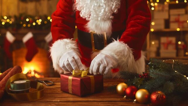 Santa Claus gently ties a golden ribbon on a red gift box by a cozy fireplace for holiday celebrations