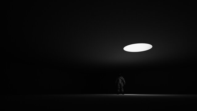 Dramatic Standing Astronaut Spacesuit Escape Suit Dark Background Sci Fi Mysterious Spotlight Isolated Figure Glowing Light Portal 3d illustration