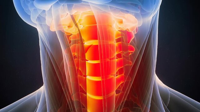 Detailed animation zooming into the human neck showing spine muscles anatomy and medical visualization
