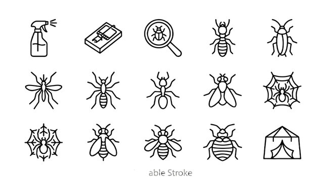 Outline pest control and insect icons set in line style