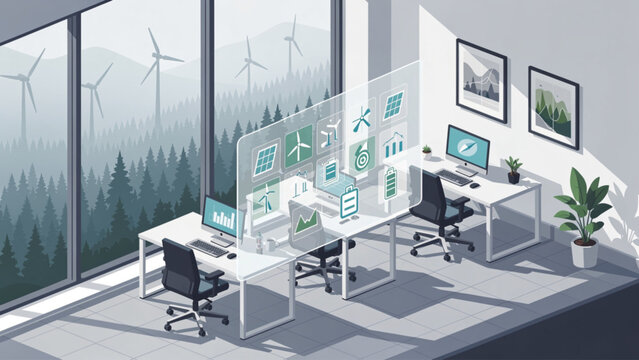 Modern workspace with multiple monitors, green plants, and scenic forest view in professional office