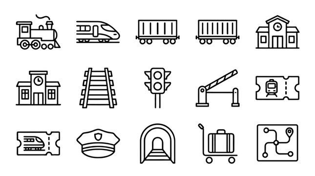 Railway transport outline icon set with trains and station symbols