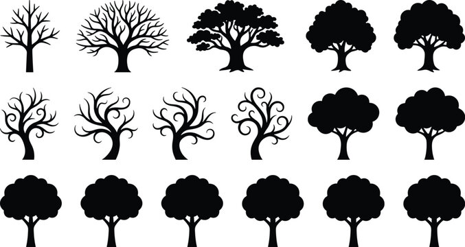 Large collection of black vector tree silhouettes featuring bare winter branches curly swirls and full summer foliage