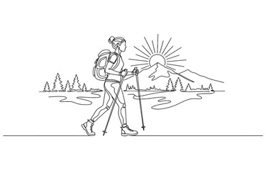 Fototapeta premium One Continuous drawn single art line doodle drawing sketch tourist hiking backpack picnic.