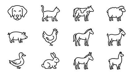Fototapeta premium Set of outline icons of domesticated farm and pet animals