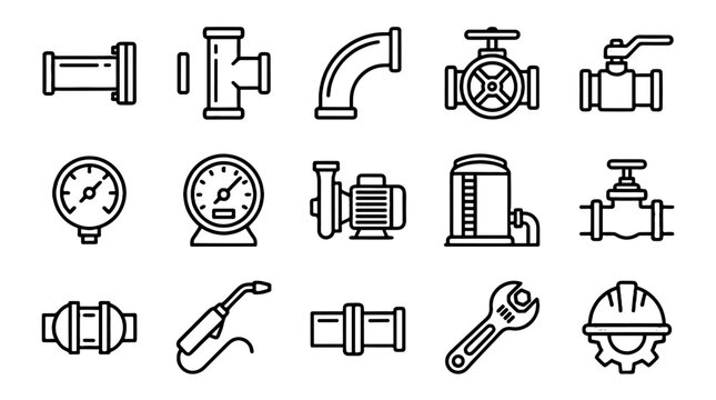 Pipeline and plumbing outline icon set with valves and gauges