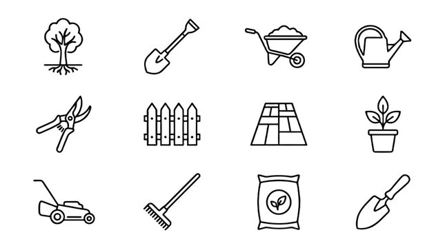 Set of outline landscaping and gardening icons