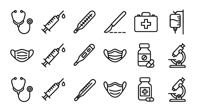 Set of outline medical equipment and healthcare icons