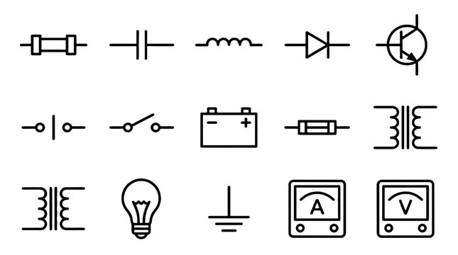 Outline icon set of electrical components and circuit symbols