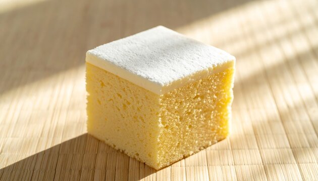 Perfectly Cut Cube of Japanese Castella Cake Showcasing Its Fine Moist and Uniform Texture