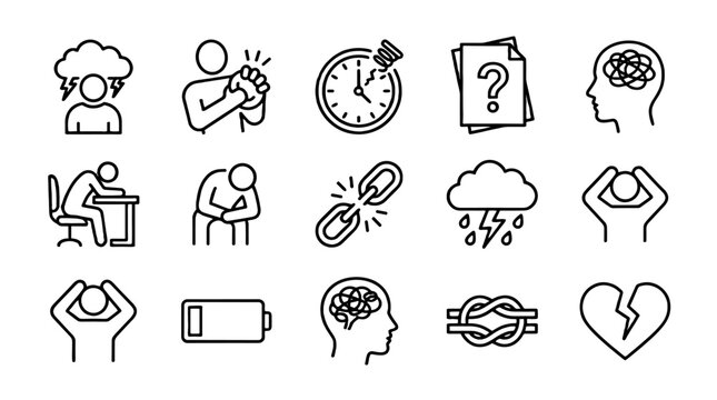 Set of stress related outline icons in linear black style