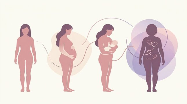 Silhouettes display stages of a womans transformation during postpartum recovery and the fourth trimester period.