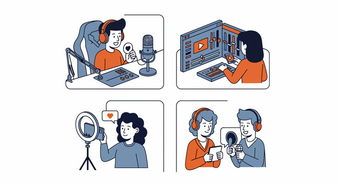 A set of icons of vlog pod cast host and stream work for any web pro