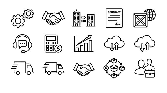 Business to business outline icon set with logistics and contract