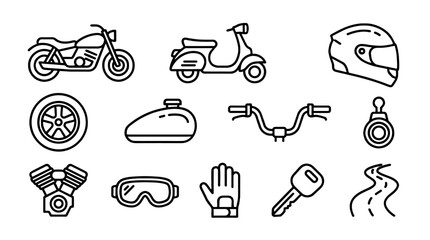 Naklejka na ściany i meble Motorcycle and scooter outline icon set with riding accessories