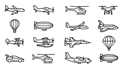 Set of outline air vehicle icons in linear black style © Alan