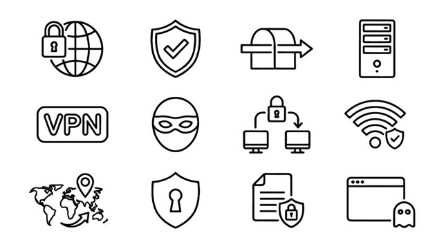 VPN and internet security outline icon set