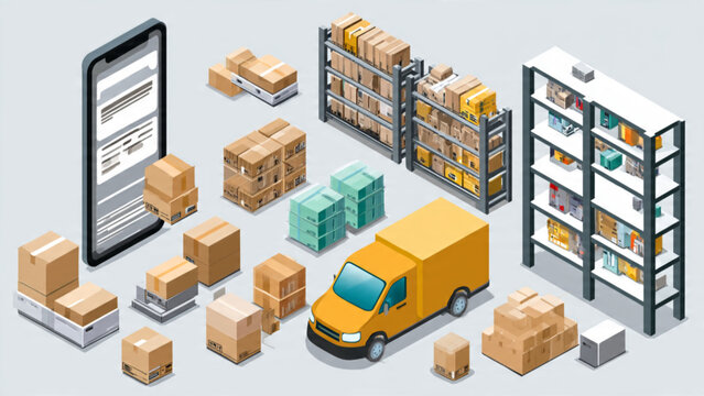 warehouse logistics concept with delivery truck boxes shelves and inventory for supply chain management