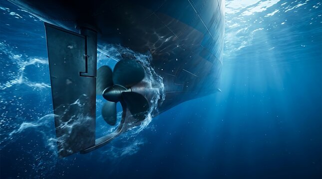 Massive cargo ship propeller spinning underwater creating deep sea turbulence and bubbles during maritime transport navigation.