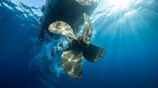 Old rusty ship propeller and hull seen from underwater with bright sunlight penetrating the clear blue ocean surface.