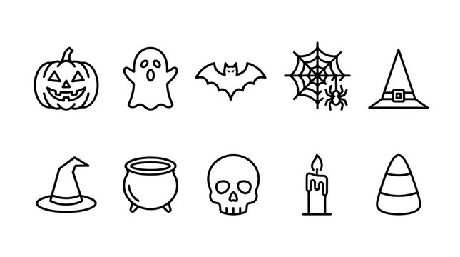 Set of Halloween outline icons with pumpkin ghost bat and hat