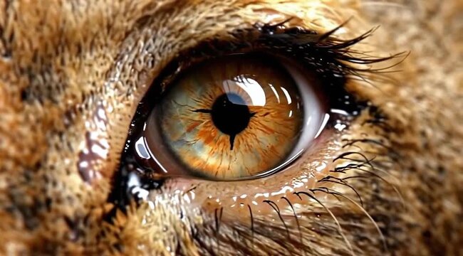 Macro of a lion eye slowly blinking, individual iris fiber detail showing complex amber and gold patterns. 