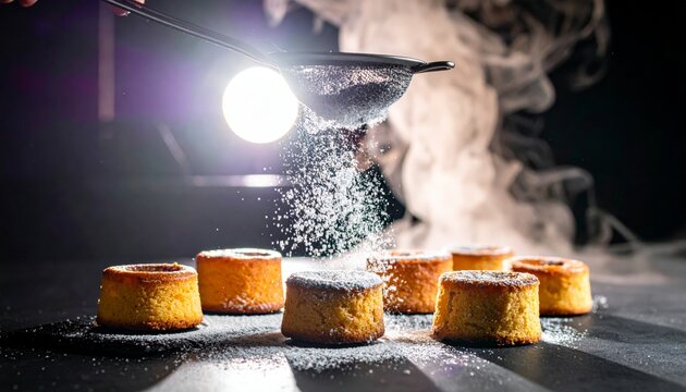 Miniature lava cakes being dusted with powdered sugar from a sifter in a dark, atmospheric setting