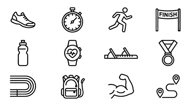 Outline running and fitness icons set in linear vector style