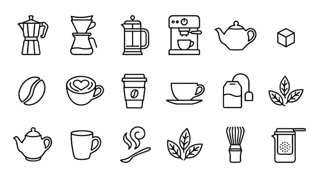 Coffee and tea outline icon set with cups, pots and brewing tools